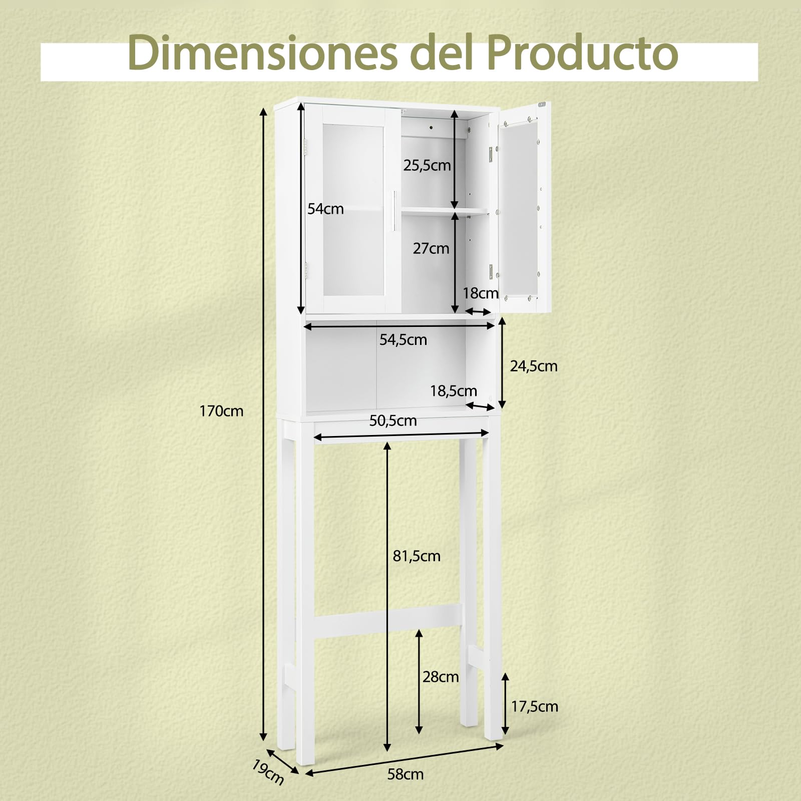 GOPLUS Armario de Almacenamiento sobre el Inodoro, Organizador de Baño con Puerta de Vidrio Templado Doble, Estante Ajustable, Estante Abierto, 170 cm