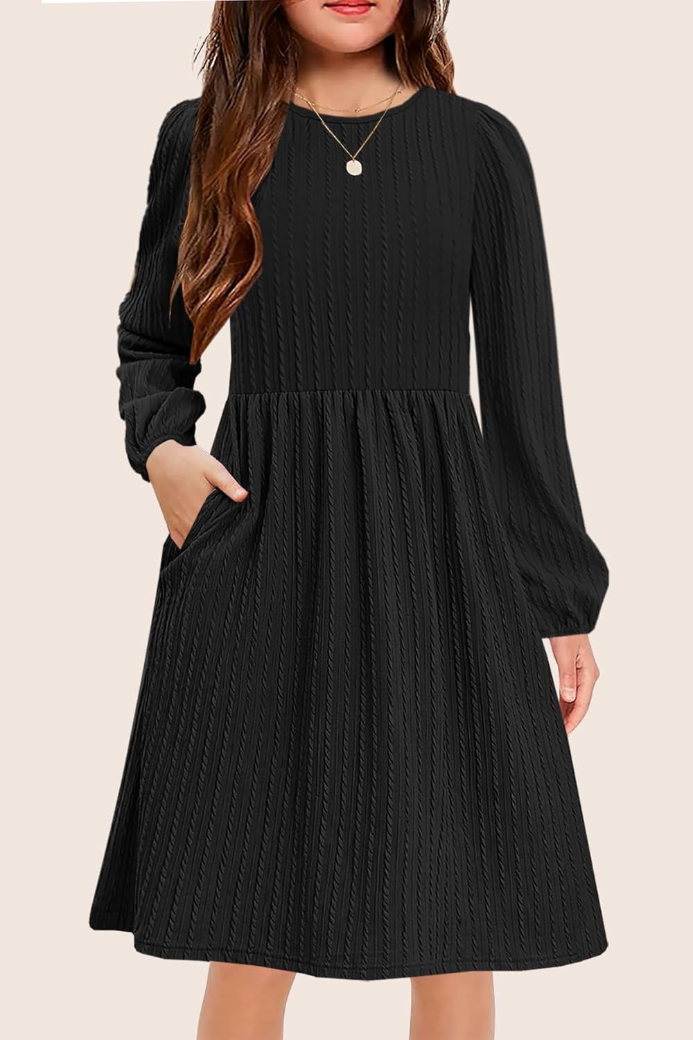YOVION Girls Knit Dress Crew Neck Long Sleeve Plain A-Line Fall Casual Dresses with Pockets for 6-12 Y - Image 3