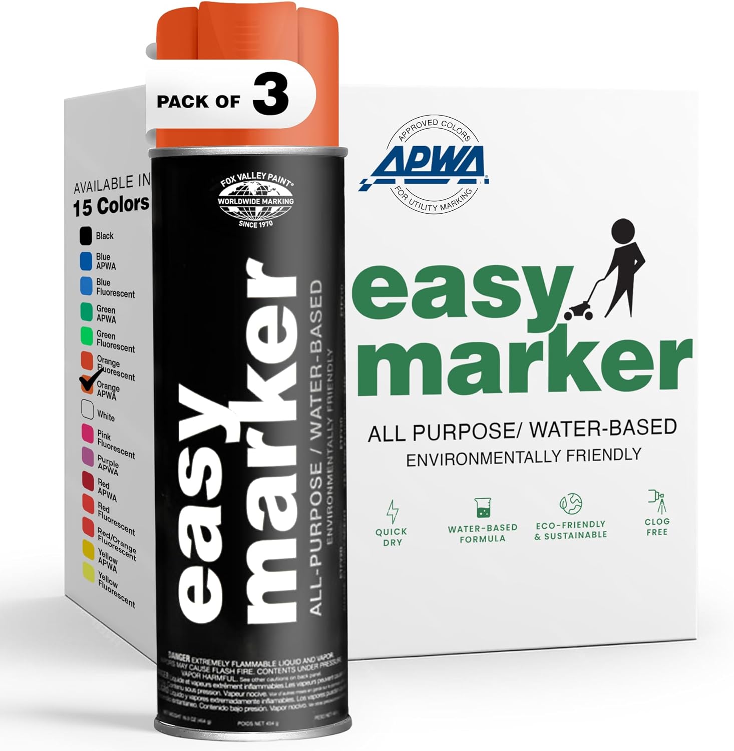 Fox Valley Easy Marker Inverted Marking Spray Paint, Orange APWA - 18 oz (Pack of 3), Upside Down Marking Paint for Grass & Tree Marking, Parking Lot, Quick Drying & Durable