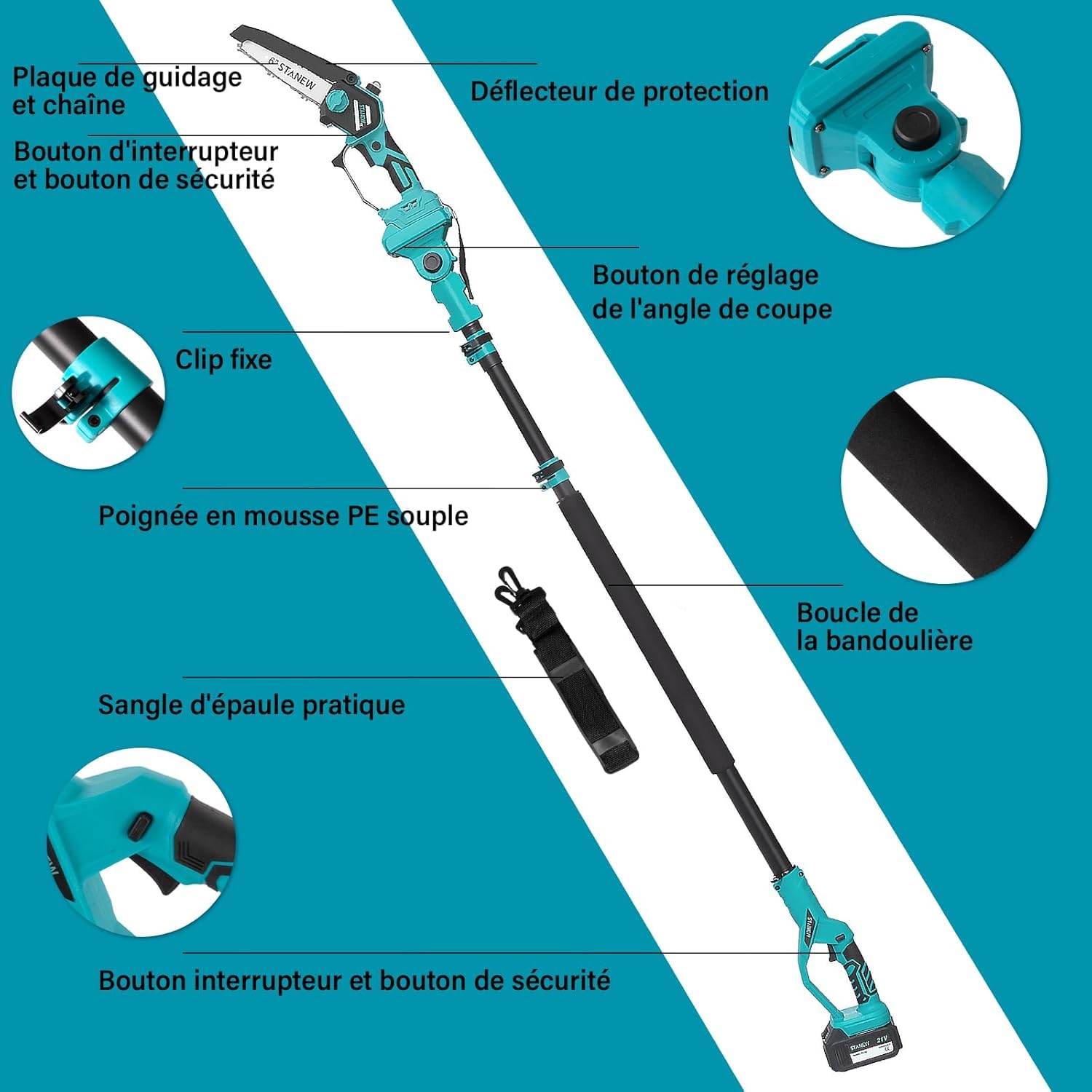 STANEW 2-en-1 Élagueuse sur perche, mini tronçonneuse à batterie sans balais 6 pouces, tronçonneuse avec 2 batteries 4000mAh, 600W, hauteur de travail max 4,55 m, écran LCD