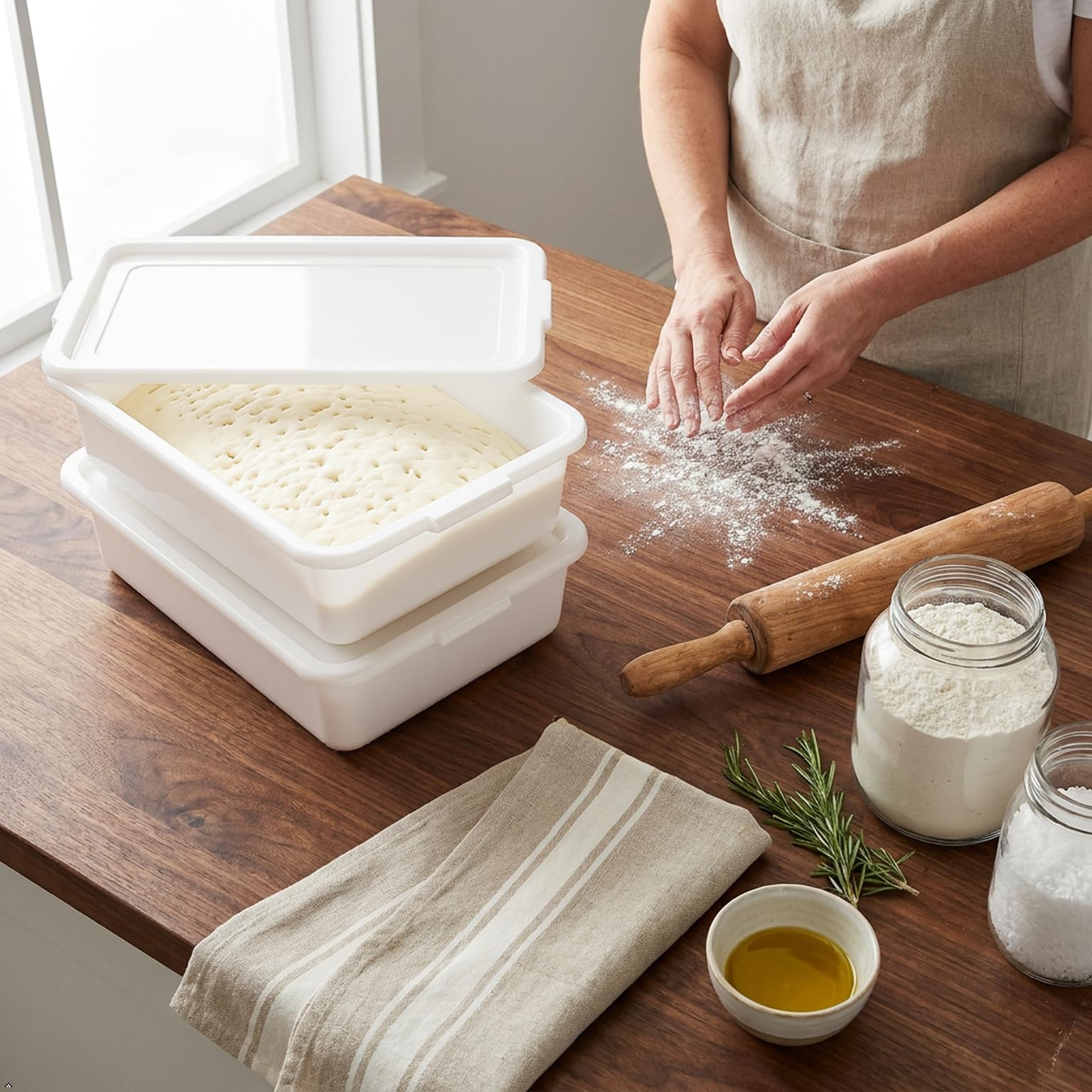 Scatole per lievitazione, in plastica bianca, perfette come scatola per lievitazione del pane e contenitore per impasti (45 x 32 x 12,9 cm), 3 vassoi e 3 coperchi