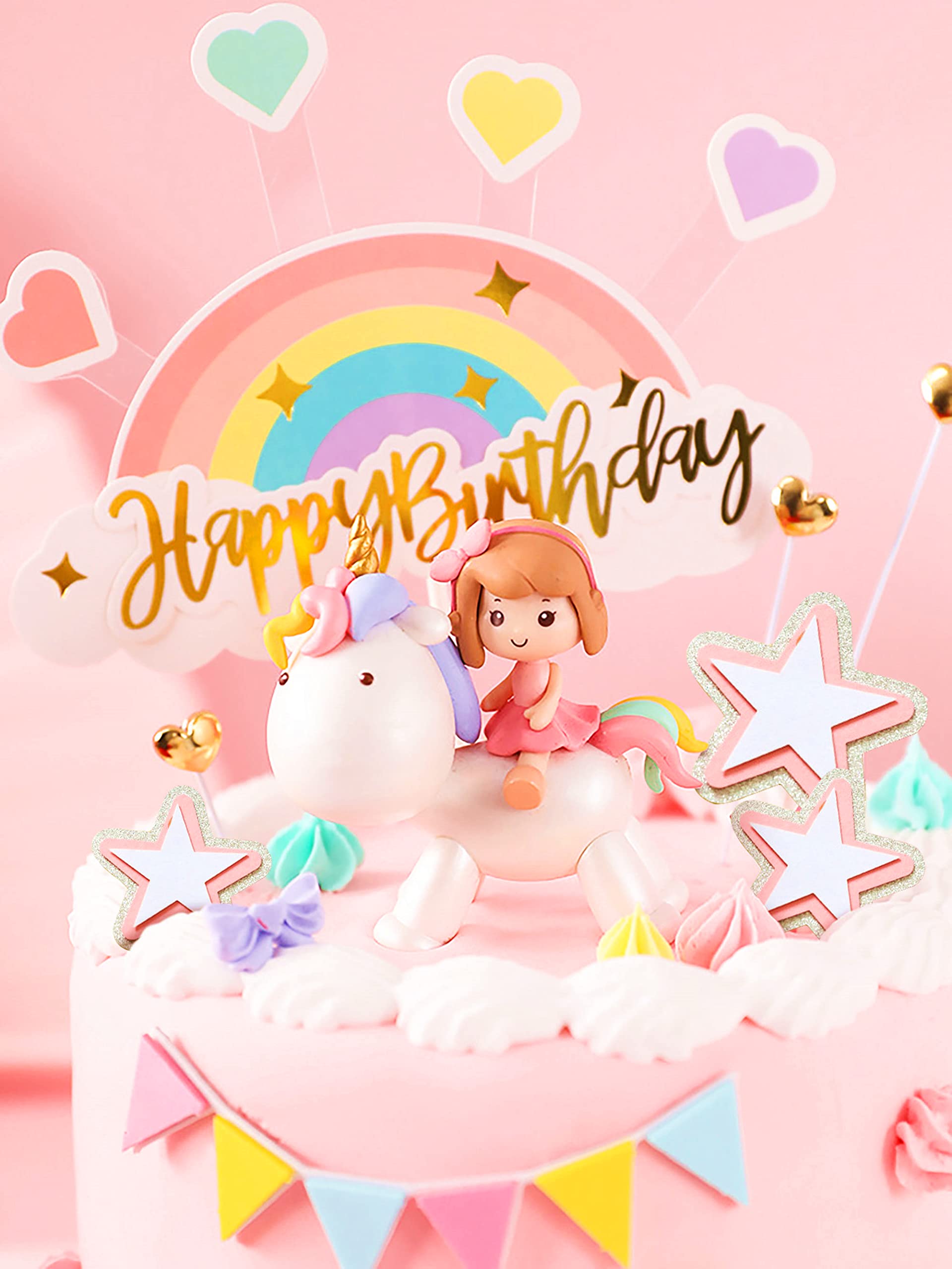 JeVenis Magical Unicorn Cake Topper Set - Rainbow Birthday Party Decorations For Girls With Stars & Flags
