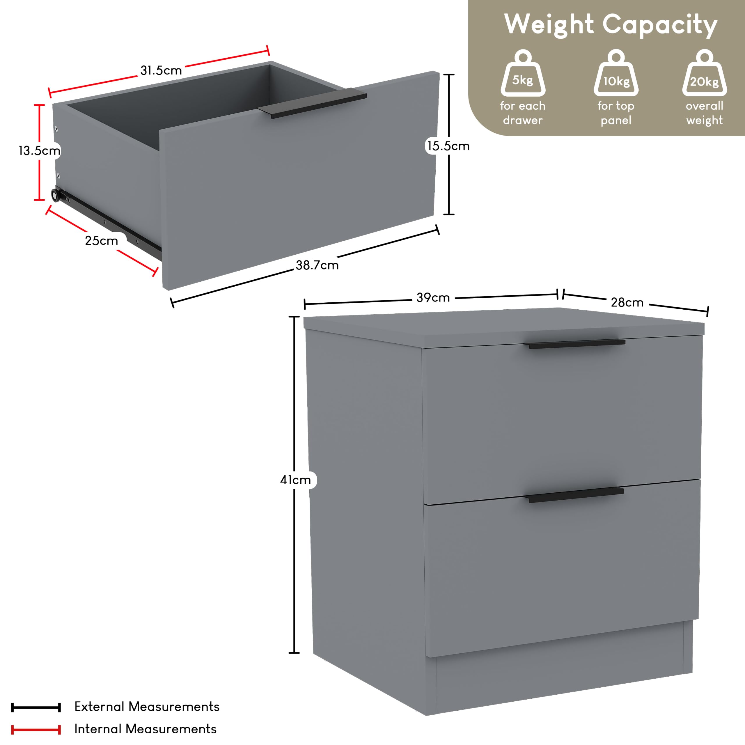 Vida Designs Trega - Comodino a 2 cassetti grigio – Comodino compatto salvaspazio – 41 x 39 x 28 cm – legno ingegnerizzato – cassetti scorrevoli, maniglie nere moderne – ideale per camera da letto e