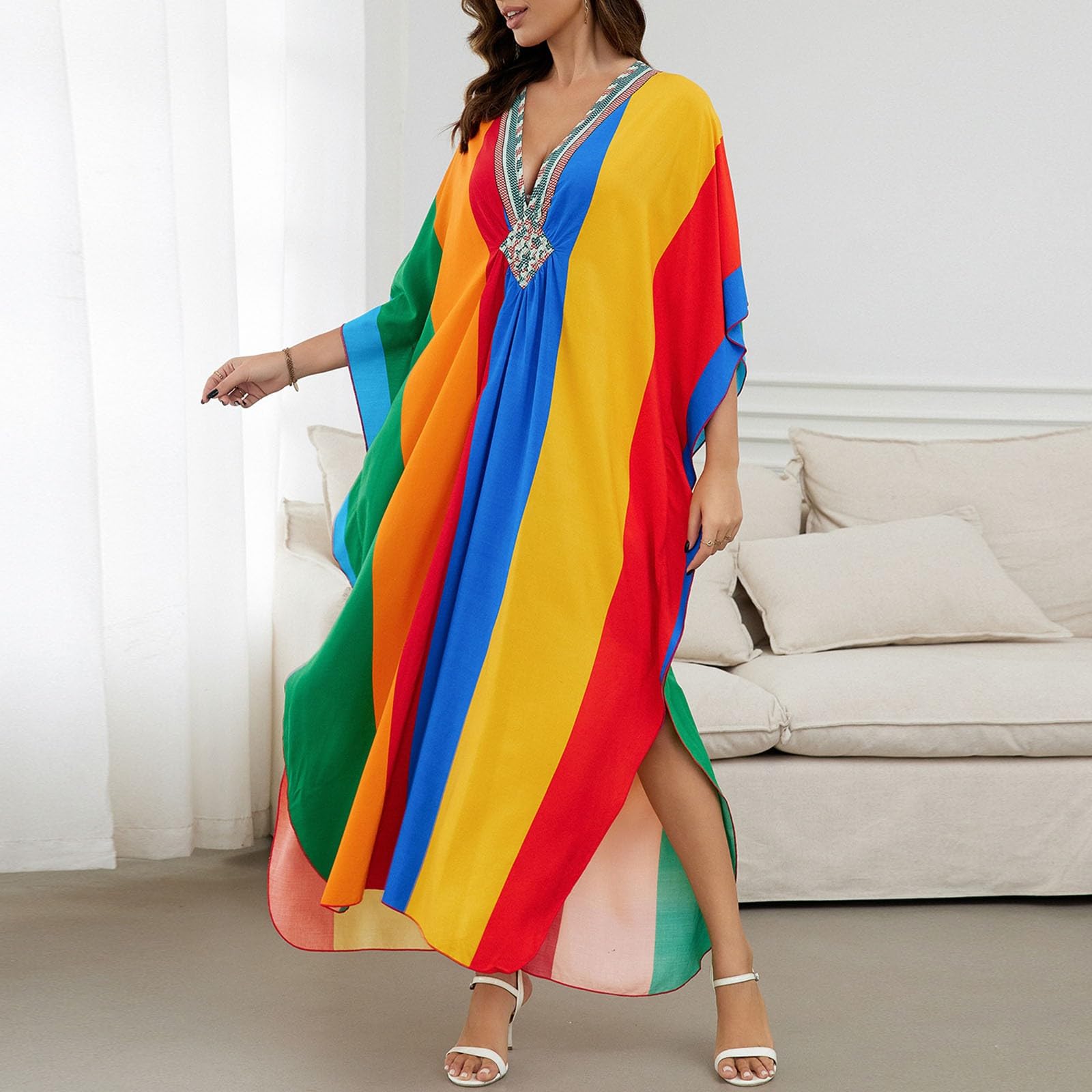 Caftano da donna in stile bohémien, maxi cardigan oversize, abito da spiaggia, abito lungo, kimono, costume da bagno, copricostume estivo, poncho da spiaggia, costume etnico tradizionale
