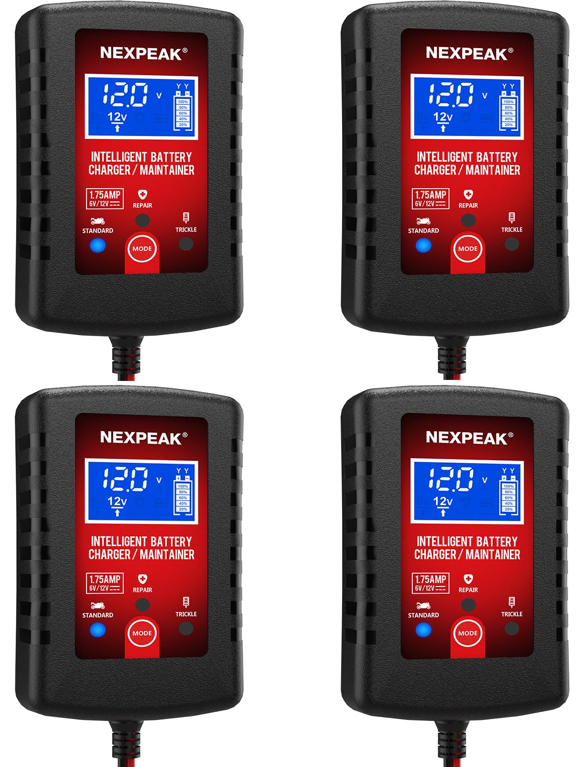 [4-Pack] 1.75A Car Battery Charger, 6V and 12V Smart Fully Automatic Battery Charger Maintainer, Trickle Charger, Battery Desulfator for Car, Lawn Mower, Motorcycle, Boat, Marine Lead Acid Batteries - 1