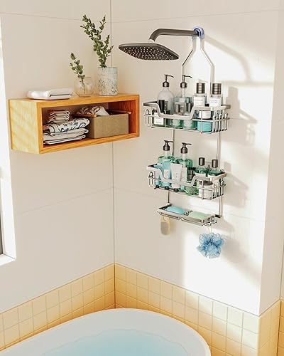 Miniatura 2 de SWTYMIKI Organizador de ducha colgante de 3 niveles a prueba de óxido sobre cabezal de ducha con 16 ganchos y doble soporte para jabón, estante de