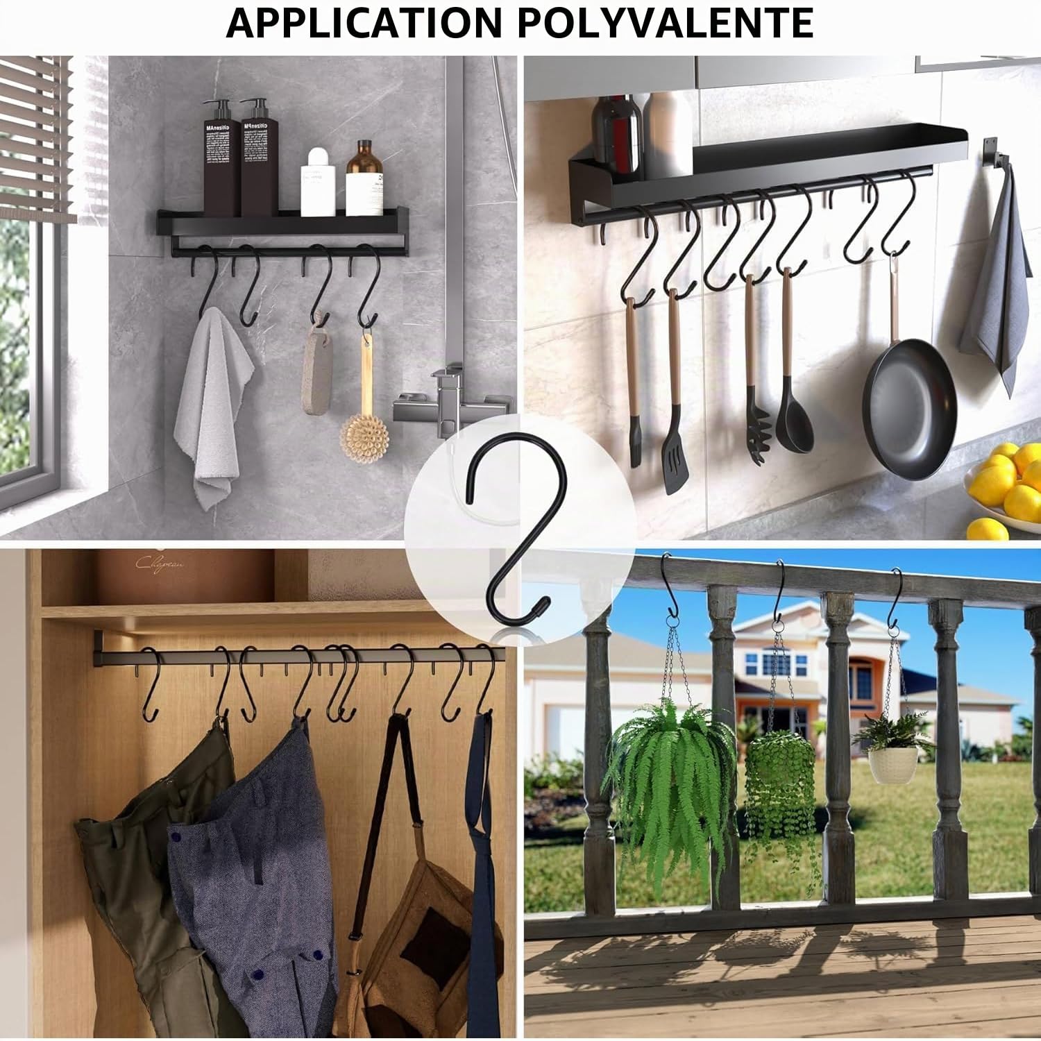 Antimbee 12 Pièces Crochets en S, Crochets en Métal Multifonctions, Crochet S Antirouille Robuste Pour Cuisine Salle de Bain Chambre à Coucher Bureau Jardin (Noir Large)
