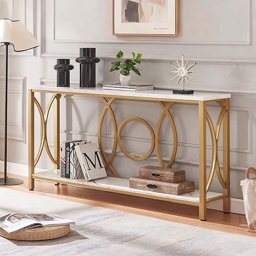 Miniatura 3 de HOMISSUE Mesa consola de sofá, mesa consola moderna con mesa de mármol sintético, mesas de entrada de madera de ingeniería con almacenamiento de 2