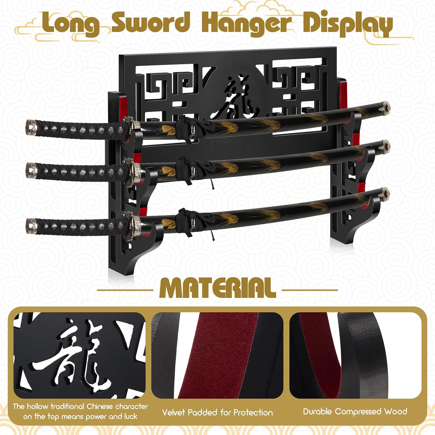 Barydat Katana Holder Sword Stand Wall Mount Samurai Sword Display Katana Rack Hanger Japanese Wakizashi Hobby Collection Gifts for Men(Dragon,Black,3 Tier)