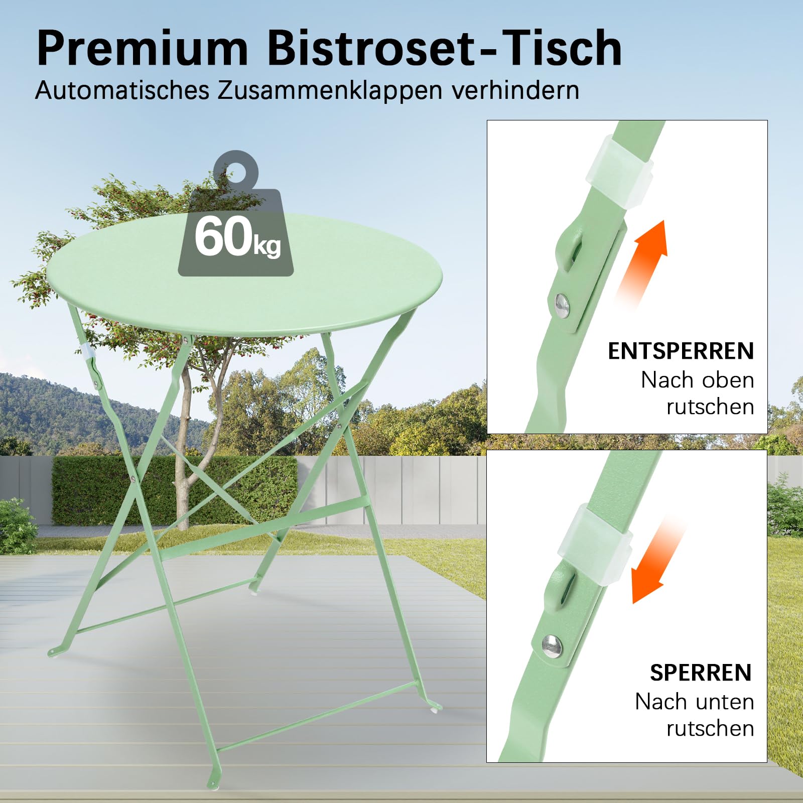 LIFERUN Gartenmöbel Bistro Set Metall, Bistro Set Klappbar 3 Teilig, Balkonset 2 Klappstuhl 1 Klapptisch, Balkonmöbel Klappbar, Wetterfest, Sitzgarnitur, Balkonmöbel Set für Balkon und Garten, Grün