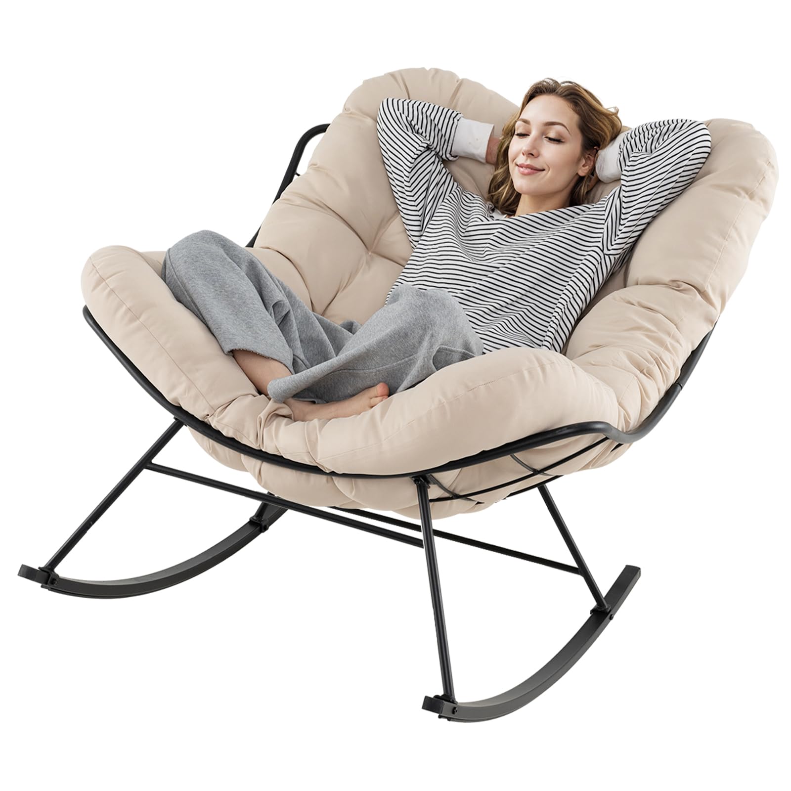 COSTWAY Fauteuil a Bascule d'Intérieur et d'Extérieur, Chaise Papasan Surdimensionnée avec Coussin Rembourré, Cadre en Métal, Fauteuil Œuf pour Salon, Patio, Capacité 205 kg (Beige)