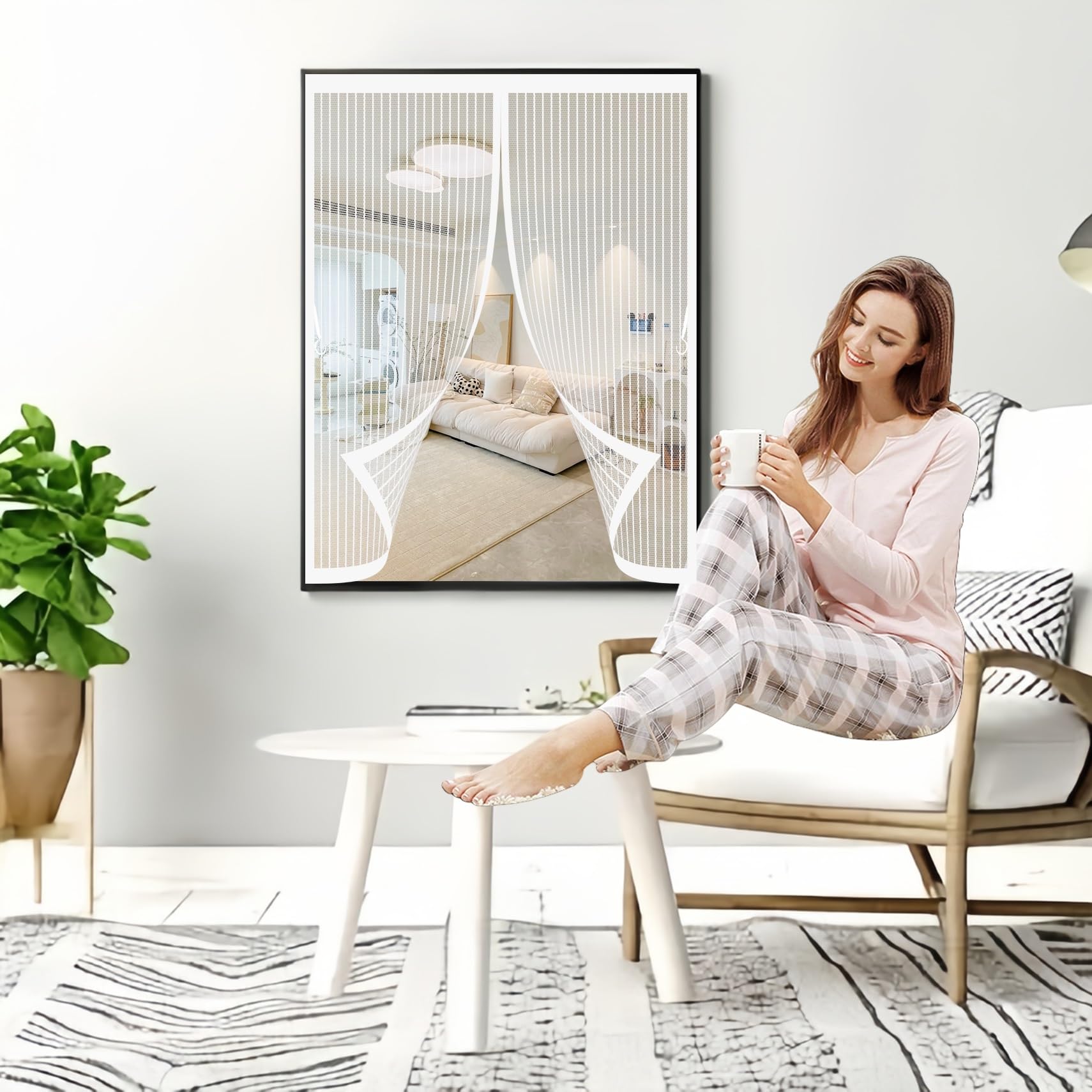 Magnetic Screen Curtain Mesh 58 x 110 cm Automatically Closes, Keep Bugs Out, Without Drilling, Easy to Install, Fly Curtain Screen Mesh for Double Door/French Doors, White