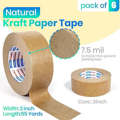 Miniatura 2 de ADHES - Cinta de papel kraft de alta calidad, 7.5 mil, 2 pulgadas x 55 yardas x 6 rollos, cinta de embalaje de papel biodegradable para escribir y