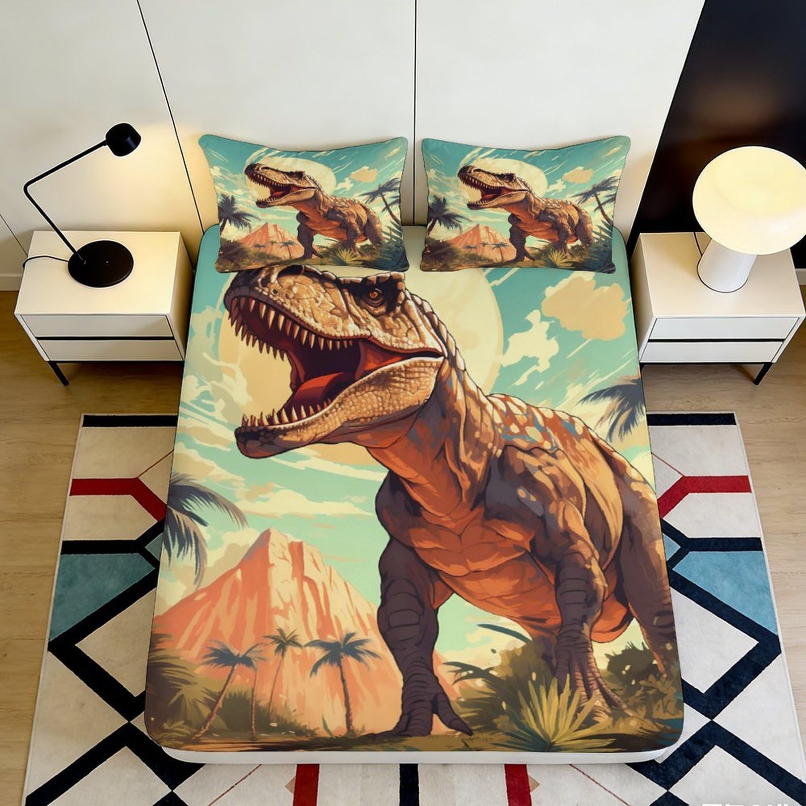 3D Printed Dinosaur Fitted Sheet Microfiber Soft Durable Prehistoric Bed Cover for Bedroom Dormitory Guest Room Mattress Protection Decor 90x200x25cm