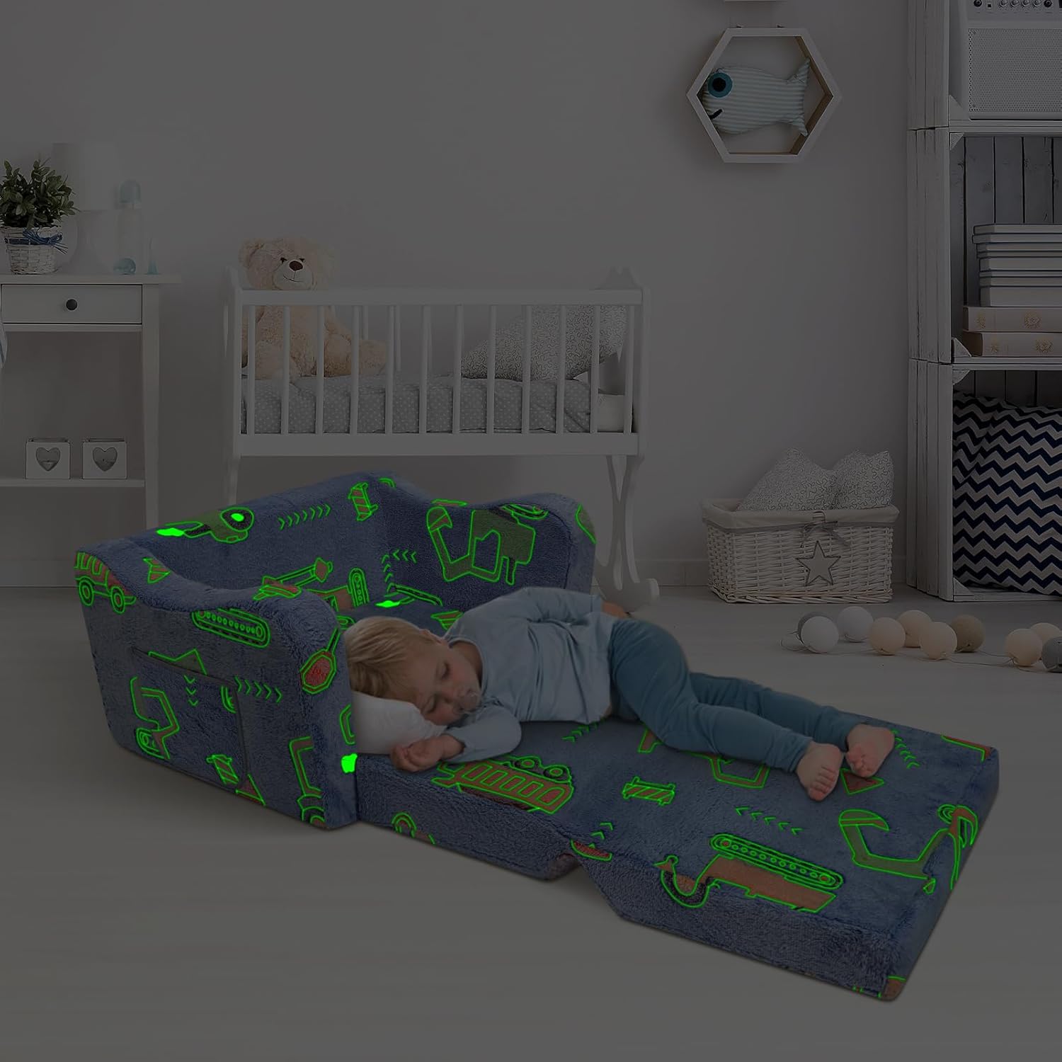 Kids Couch Toddler Sofa Chairs Comfy 2 in 1 Glow in The Dark Foldable Kids Sofa Lounger with Pocket and Blanket, Convertible Chair Bed for Girls Boys at Bedroom Playroom
