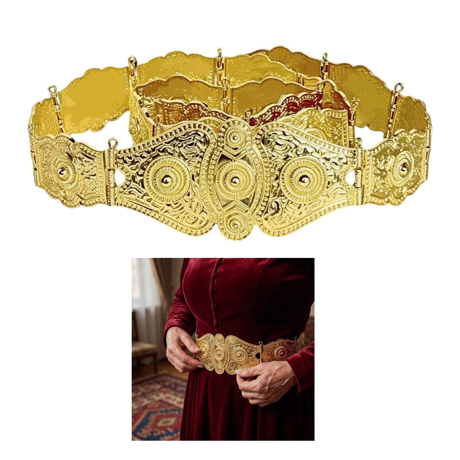 Cinturón con diseño vintage de aleación grabado, cierre ajustable para vestir y banquetes, cinturón ornamental de metal grabado para cintura ajustable, accesorio de vestido