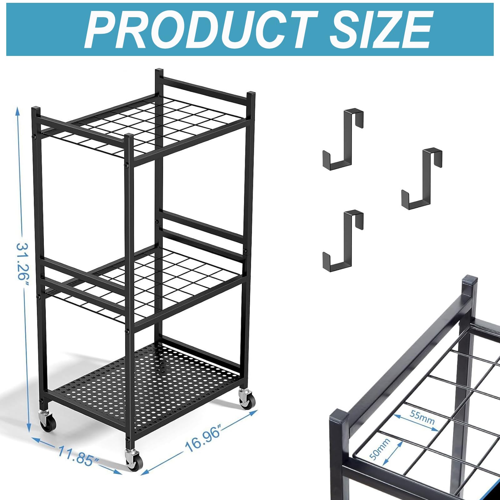 Gartenwerkzeug Organizer 3-stufig,Yard Tool Tower Rack,Garten Werkzeugregal mit 3 Beweglichen Haken & Feststellbaren Rollen,35 Fächer Hof Werkzeughalter für Garage,Schuppen & Terrasse