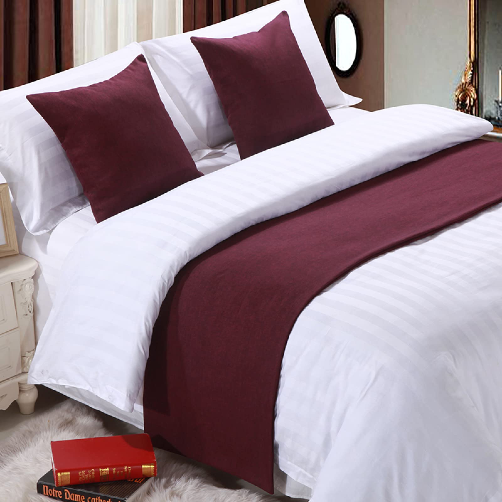GZQIAWY Bedspread Bed Runner Throw Home Hotel Plain Thick Cotton Linen Solid Color Bedroom Tail Towel Protector Bedding Decor Bed Fuchsia 50 x 210cm (Bed Scarf)+2 Cushion Covers