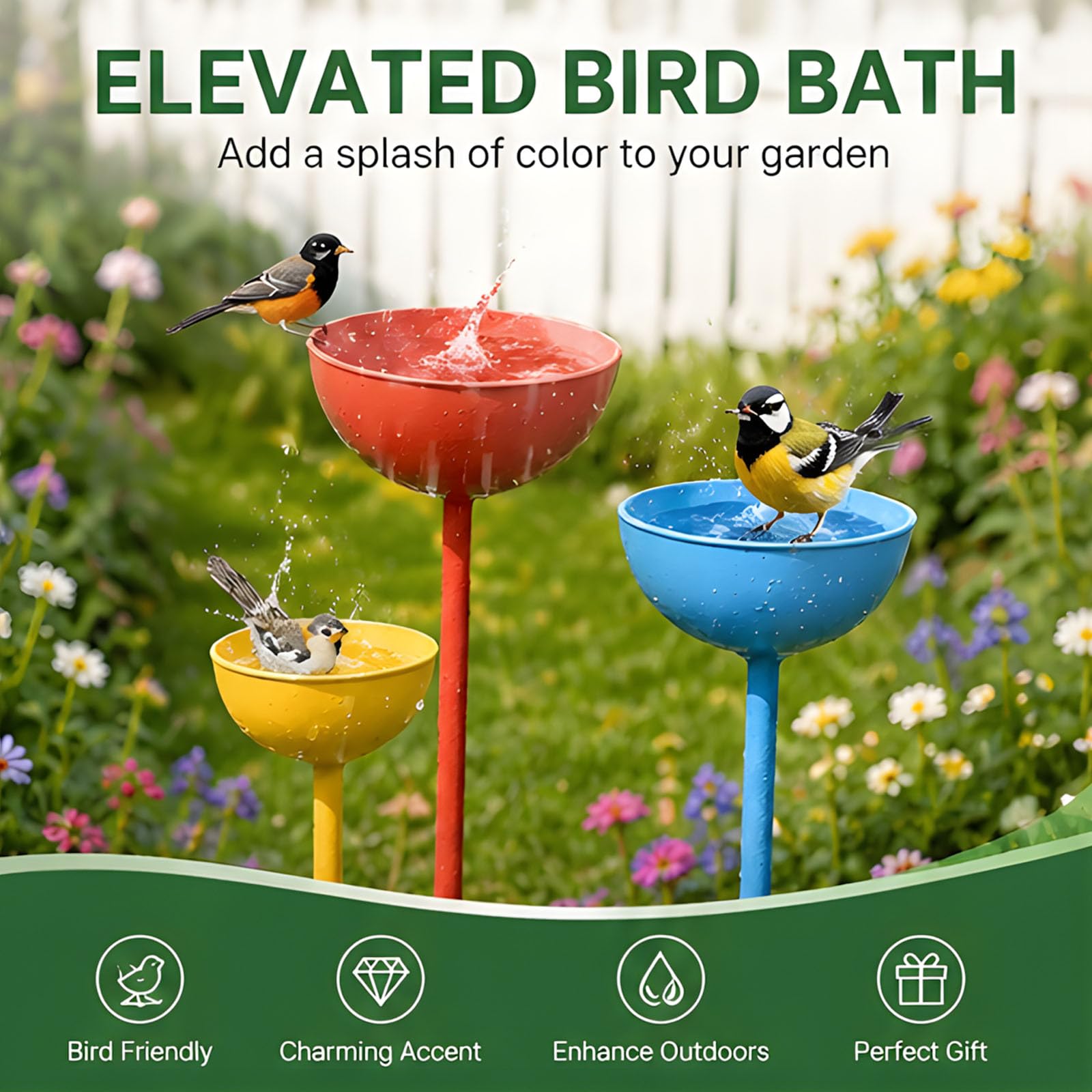 Ciotole per l ' Acqua da Giardino, 3 paletti in Metallo per Bagno degli Uccelli da Giardino per Prati, aiuole Fiorite, Bordi del Giardino, Angoli Esterni e Accenti Floreali