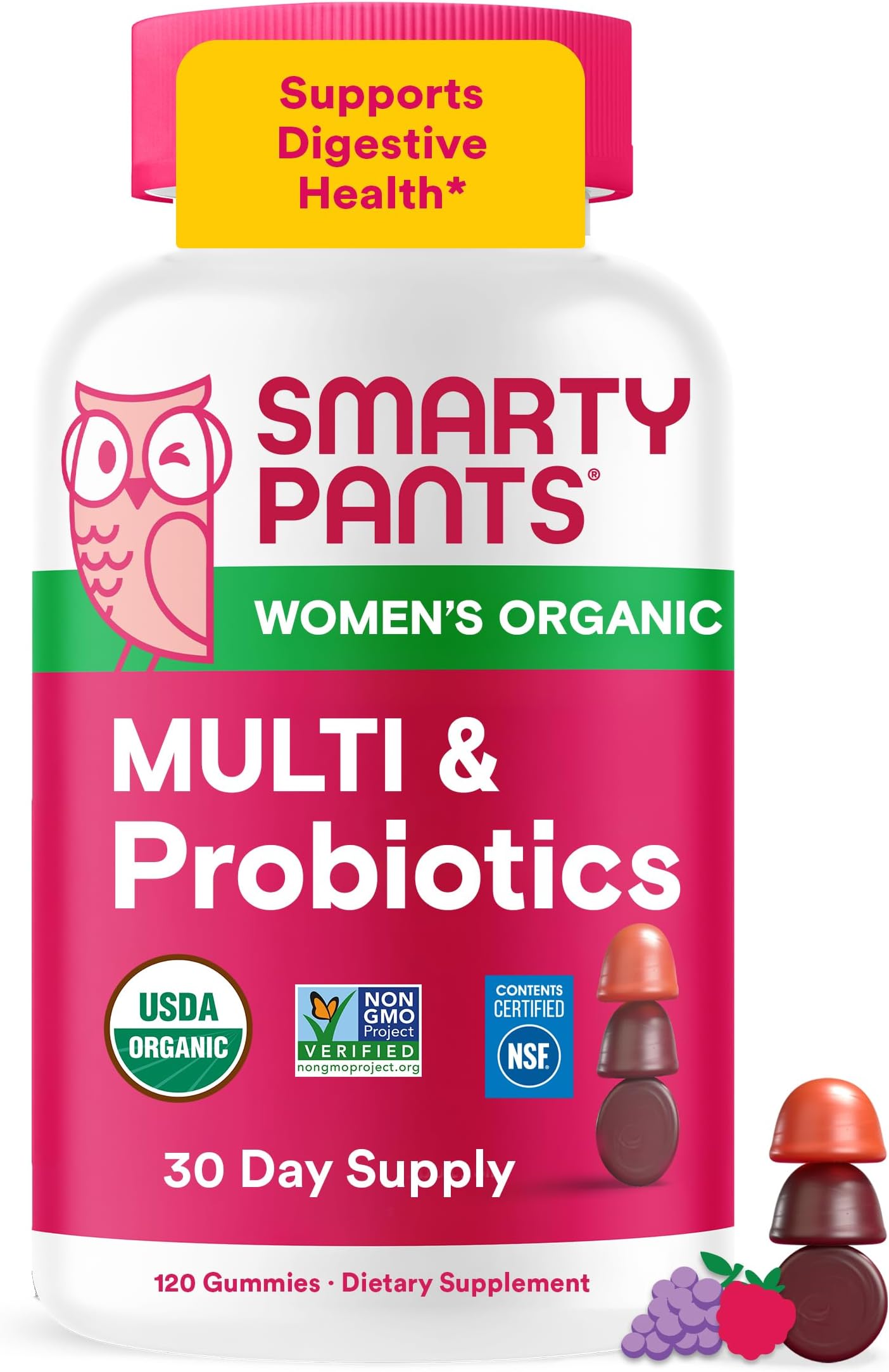Organic Women's Multivitamin Gummies: Biotin, Probiotics, Methylfolate, Omega 3 (ALA), Vitamin D3, C, Vitamin B12, B6, A, K & Zinc, Inositol, Gluten Free, 120 Count (30 Day Supply)
