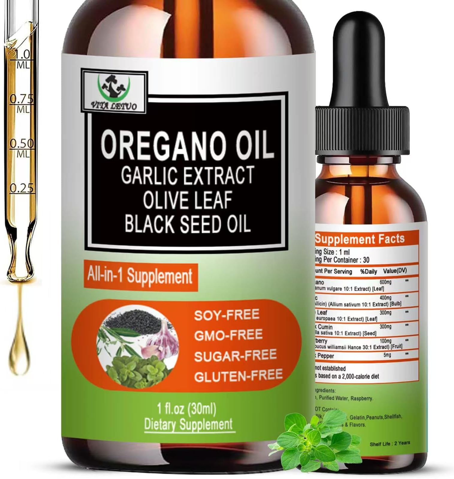 Vita letuo Organic Oil of Oregano with Black Seed Oil, Oregano Oil Liquid Drops w/Garlic Olive Leaf Elderberry for Immune,Digestive Support & Antioxidant,Seasonal Support Supplement for Women Men