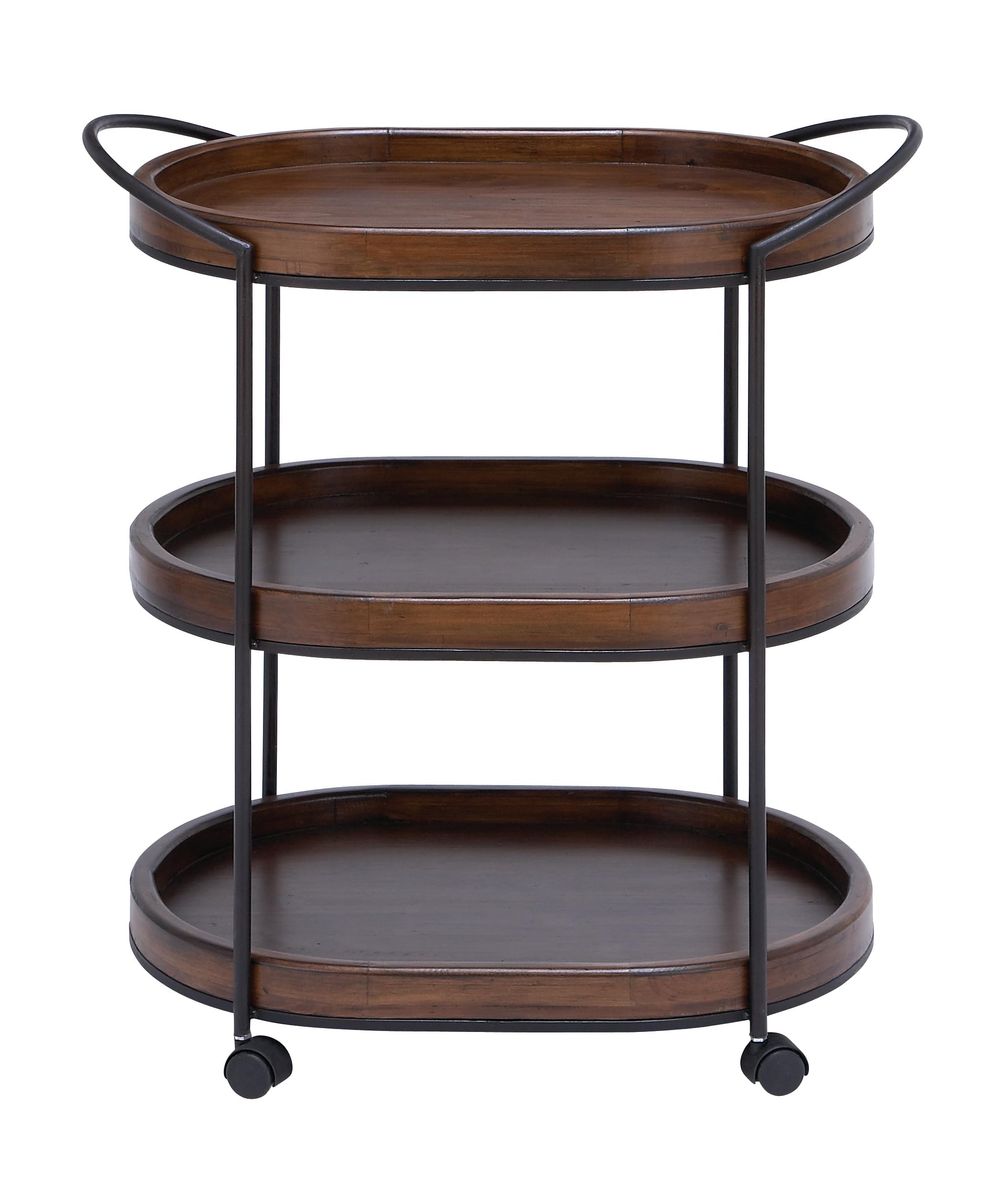 Deco 79 Wood Rolling Oval 3 Shelf Bar Cart with Black Metal Frame, 25" x 16" x 30", Brown