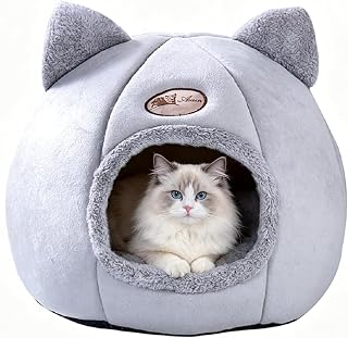 Cat Cave Bed for Indoor Cats, 2-in-1 Foldable Cat Hideaway House with Removable Washable Cushion, Non-Slip Semi-Enclosed Cat Tent with Ears, Cozy Pet Bed for Small Dogs Kittens