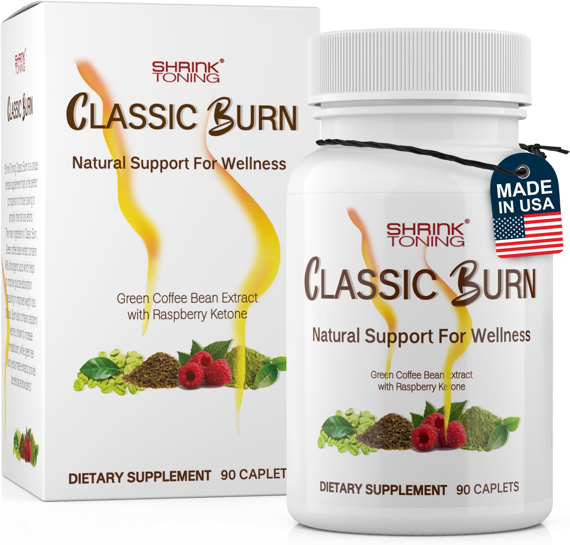 Shrink Classic Burn - Pure Green Coffee Bean Extract and Raspberry Ketones with 45% Chlorogenic Acid - 90 Capsules Organic Raspberry Leaf and Green Tea Extract for Maximum Body Management Support