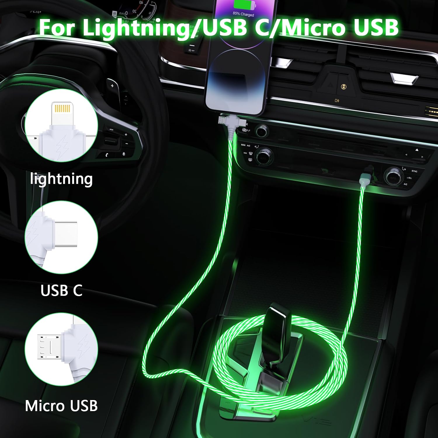 3-in-1 Car Light Up Flowing iPhone Charger Cable,6FT LED Multi Lightning/Type C/Micro USB Car RGB Glowing Connector Cord for Apple iPhone 15/14/13/12/11 Pro Max/XR/XS/SE,iPad/Android/Samsung-Green image 2