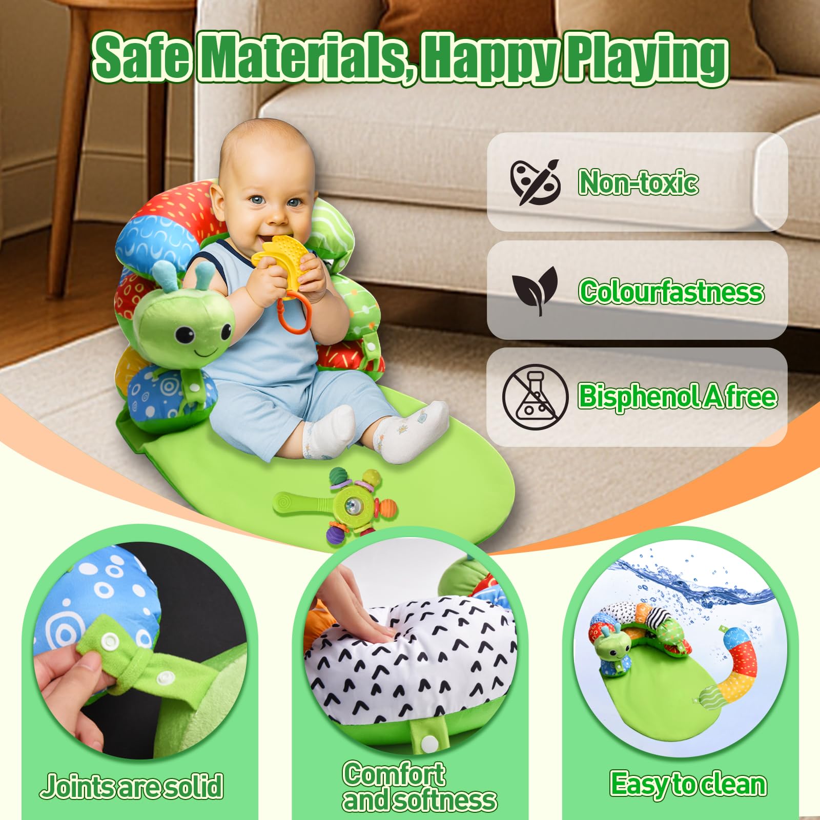 Ulikey 3 in 1 Bauchlage Spielzeug Baby, Abnehmbar Raupe für Baby, Bauchlage Helfen Sitzen Stützen Babyspielzeug 3 6 9 Monate mit Rassel, Beißring, Spiegel