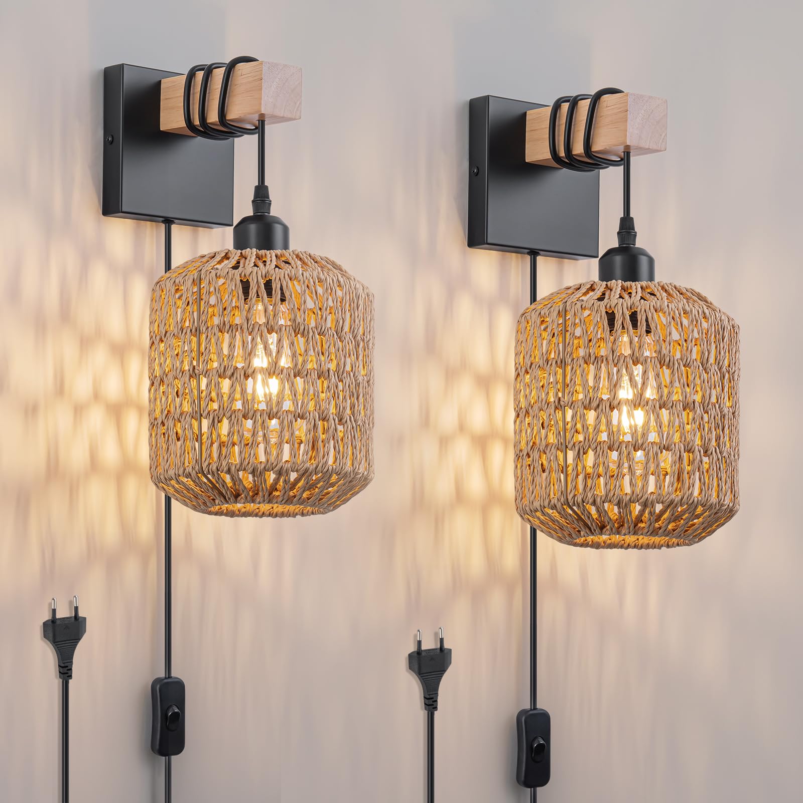 FORCOSO Wandleuchte Innen mit Schalter 2er, Vintage Rattan Wandlampe mit Stecker Kabel, E27 Boho Wand Lampe Holz Braun Schwarz, Rustikal Wandbeleuchtung Wall Light Indoor Wohnzimmer Schlafzimmer Flur