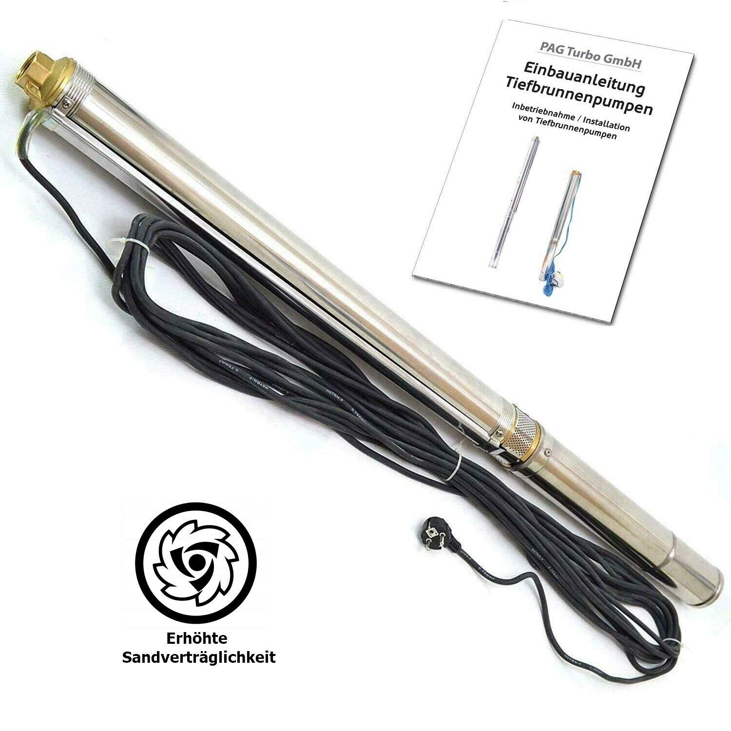 Tiefbrunnenpumpe 3" sandverträglich 6000l/h 230V Förderhöhe 93 M 1100 Watt Brunnenpumpen