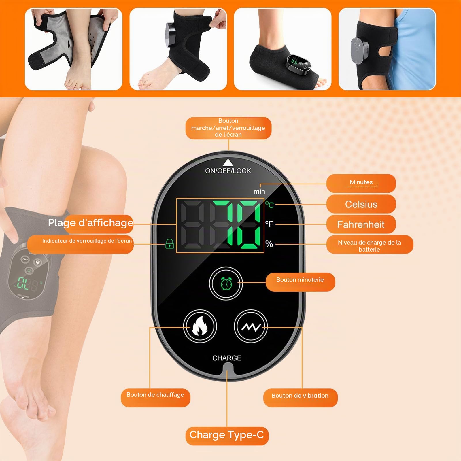 Masseur de Pieds 3 en 1 Électrique et Sans Fil - 6 Niveaux de Chauffage, 3 Modes Appareil de Massage avec Bande d'Extension pour Chevill, Talons, Dessus du Pied, Cadeau pour Maman, Papa