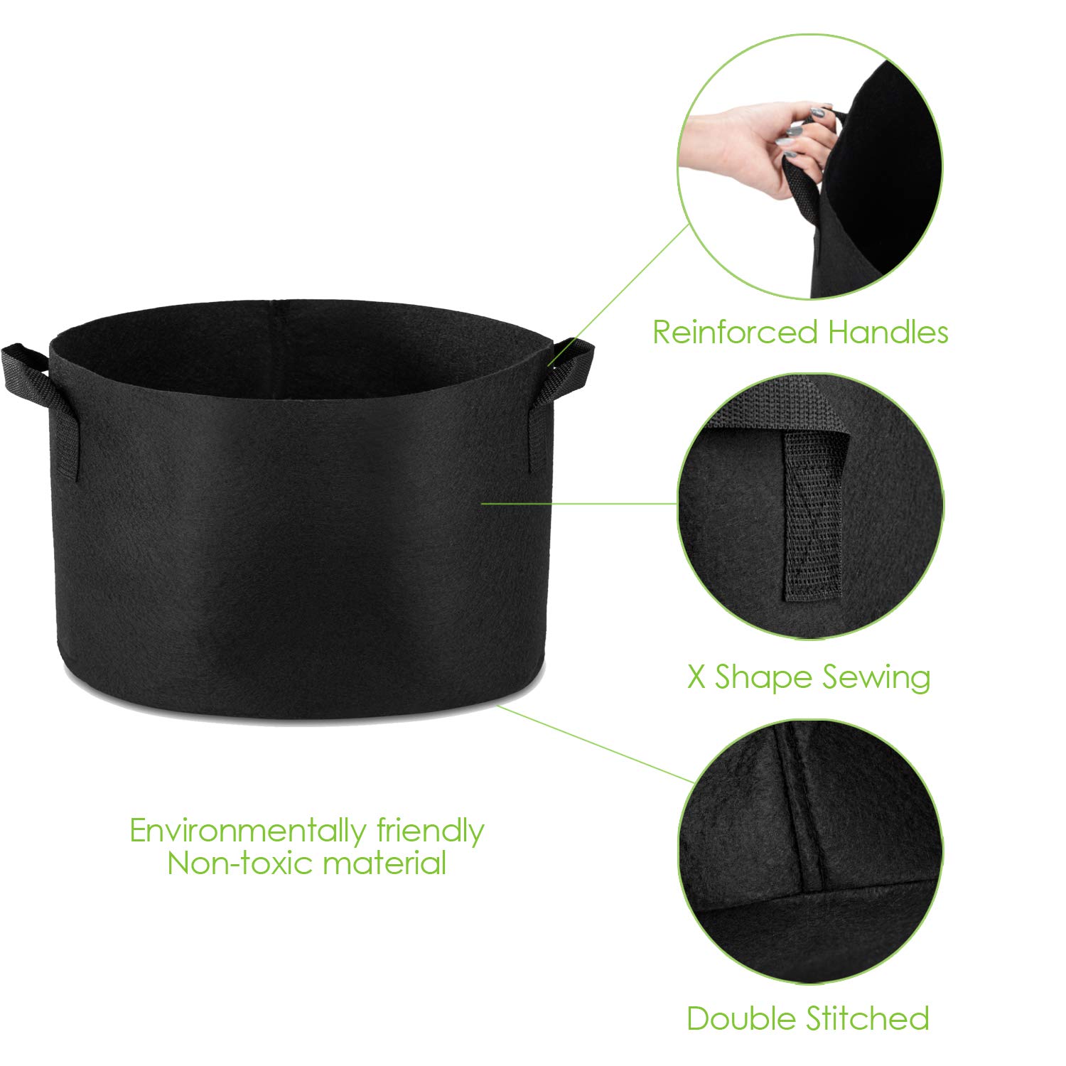 Lot de 5 Sacs de Culture de 78 litres en Tissu Non tissé épais avec poignées Noir