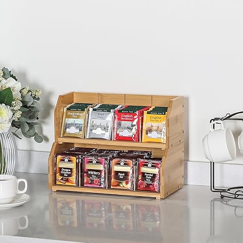 Miniatura 4 de Organizador de bolsas de té de bambú apilable de 2 capas y estante - Contenedores de madera para cajas de té - Soporte para encimera o gabinete