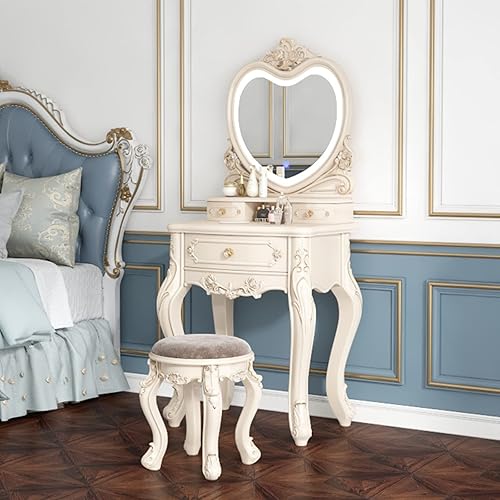PUREUV Makeup Vanity with LED 3-Color Touch Light Mirror,Makeup Desk with Cushioned Stool,White Makeup Vanity with Storage for Women (Color : Heart Shaped Mirror, Size : 60cm/23.6")