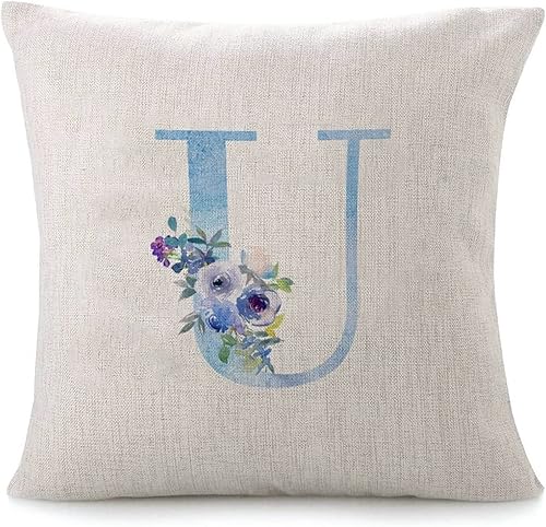 Funda de almohada con monograma inicial en U diseño floral azul alfabeto 18 x 18 pulgadas cojín decorativo acogedor para el hogar sala de estar sofá