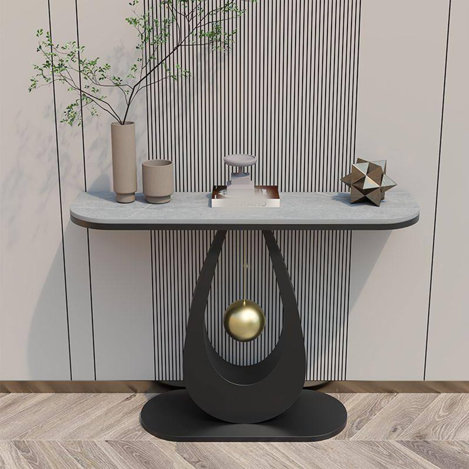 Mesa consola de piedra sinterizada y metal para un salon elegante