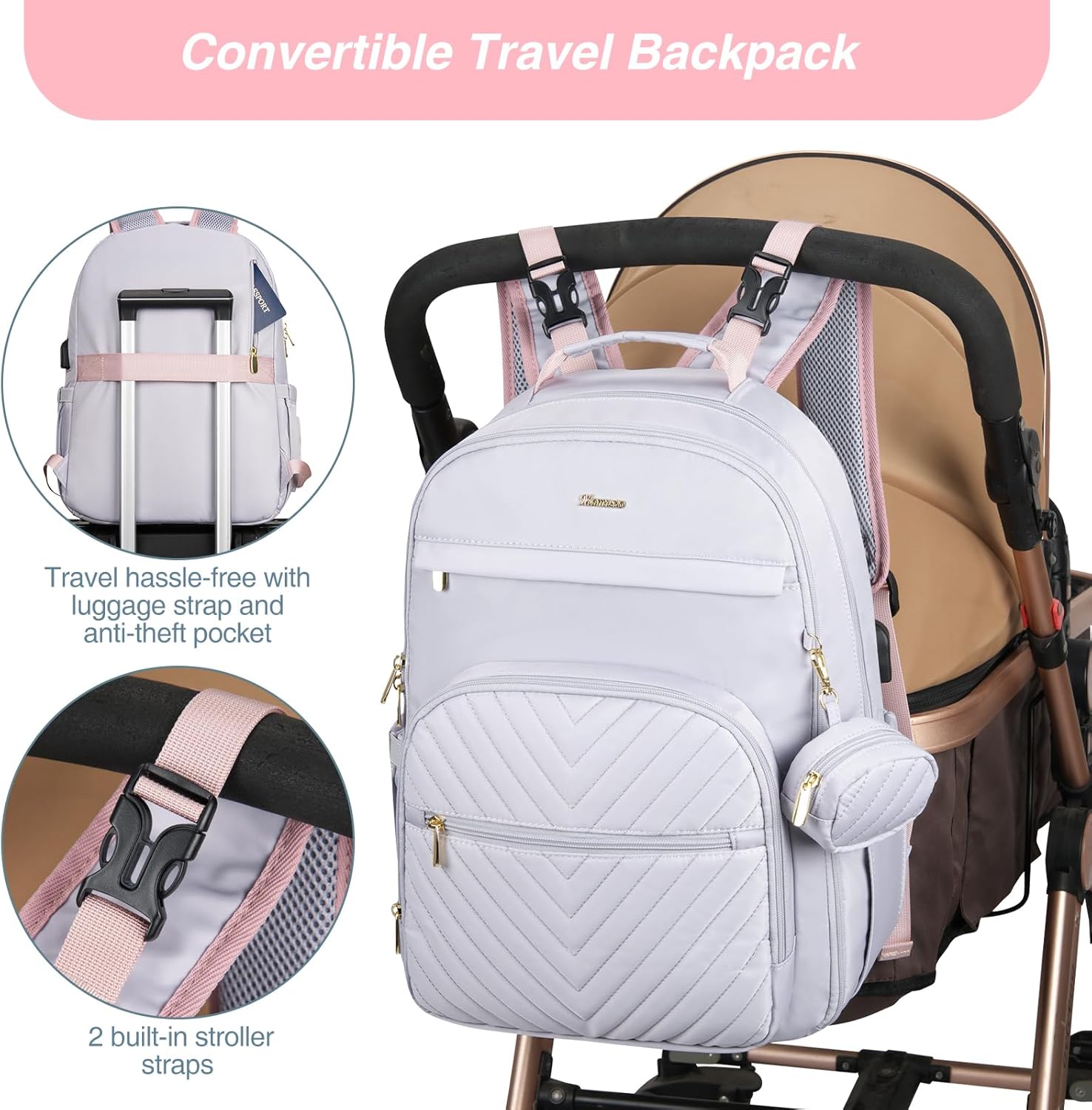 MOMUVO Diaper Bag Backpack, Quilted Baby Bag with Changing Pad and Stroller Straps and Pacifier Case, Multifunction Waterproof Travel Diaper Bags, Unisex - Image 3