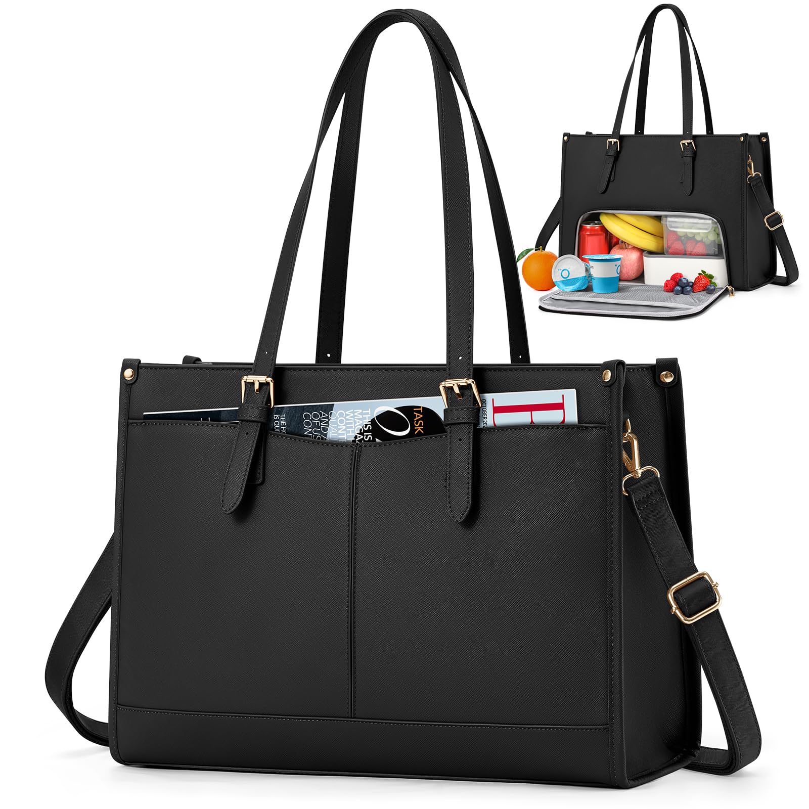 Lunch Tote Bag for Women 15 6 Inch Laptop Bag with Insulated Lunch Compartment Leather Quilted Computer Tote
