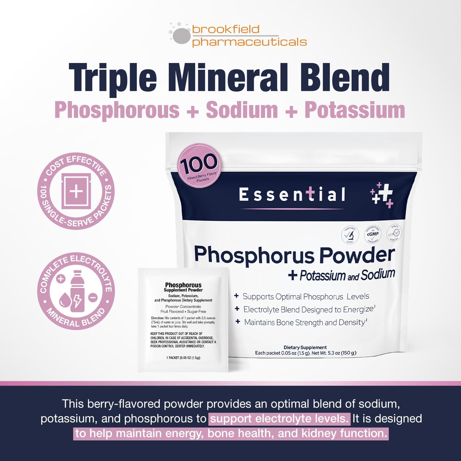 Phosphorus Supplements 100 Packets, Dietary Supplements Powder with Sodium Phosphate and Potassium Phosphate, Fruit Flavored Phosphorous Supplement Powder for Electrolyte, Bone Health & Kidney Health - Image 3