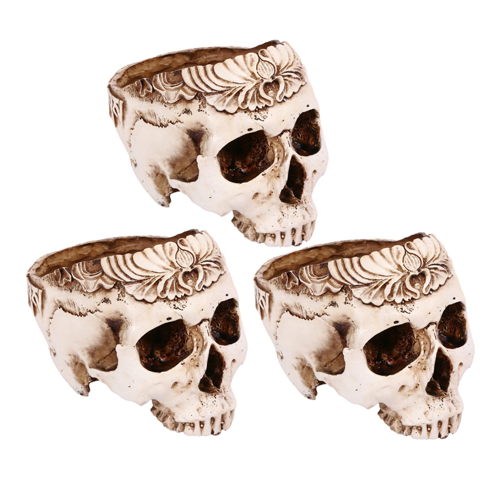 Vjsujehgy 3X Resin Skull Planter Flower Succulents Pot Carved Skeleton Flowerpot Sugar Cactus Planter Pots Holder Candy Bowl