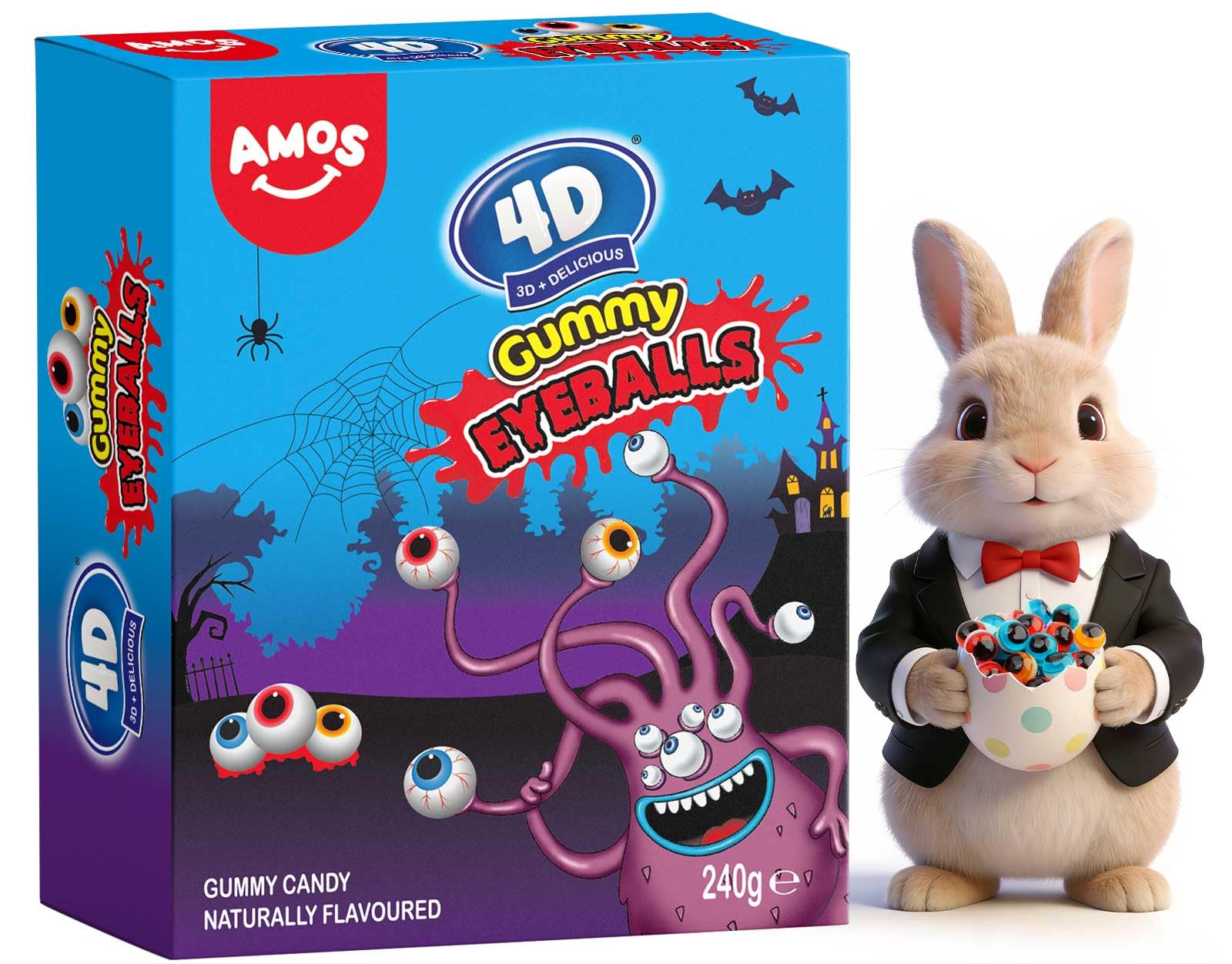 AMOS 4D Fruchtgummis Süßigkeiten Mix, Ostern 3 Schmecken (Erdbeere & Pfirsich & Traube) Süssigkeiten Bonbons, Fruchtgummi Süßes 65G/Beutel -3 Beutel