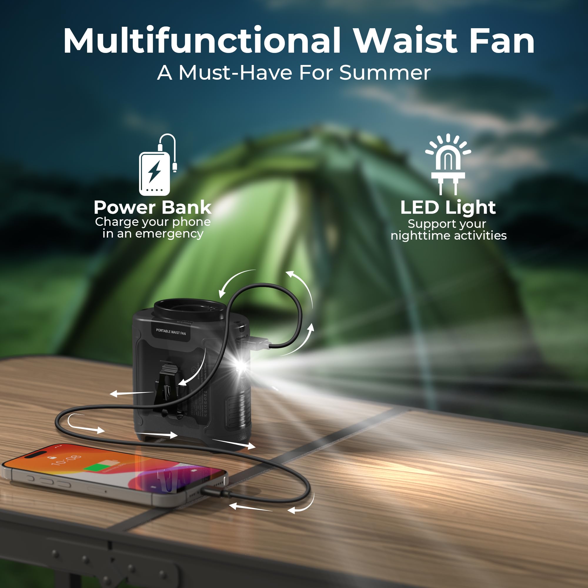 Ventilador portátil de clip de cintura de 10000 mAh, ventilador personal de enfriamiento 40H, ventilador de cinturón fuerte de 5 velocidades de 16000 RPM, ventilador de cuello recargable manos libres 6