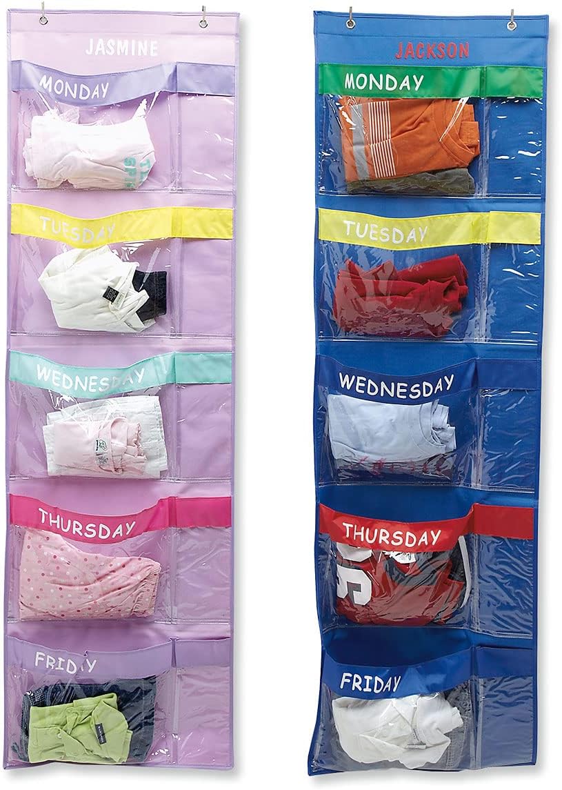 Lillian Vernon Pastel Colors Days Of The Week Hanging Clothing Organizer – Personalize With Name, Weekly Monday-Friday Over Door Weekday Kids Clothes Storage System, Sturdy Pastel Poly, 19-1/2" x 62"