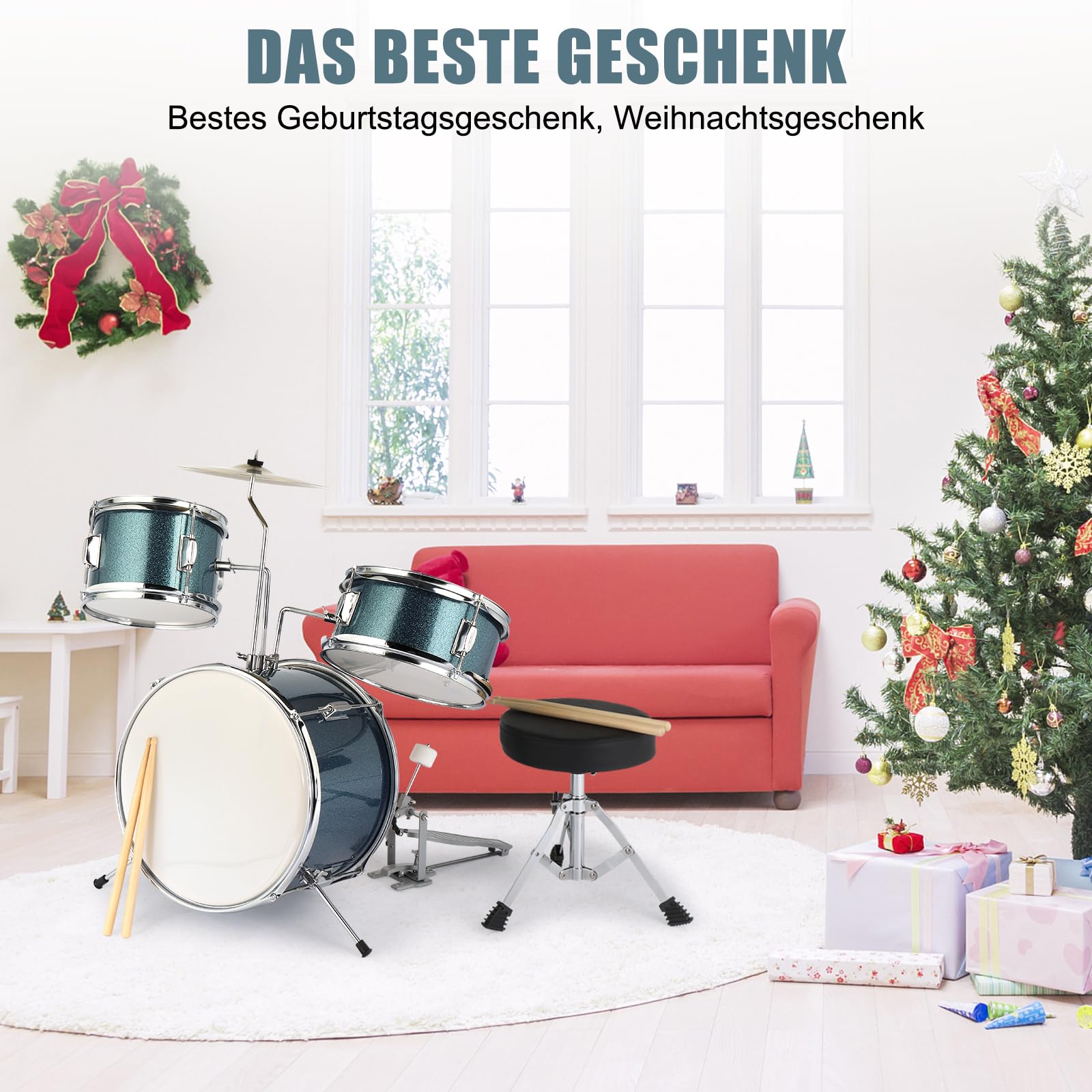 LEADZM Schlagzeug Set 14'' für Kinder ab 3 Jahren, 3PC Anfänger Drum Set mit Hocker, Bassdrum-Pedal und 2 Drumsticks, Becken, Tom und Snare Drum (Blau)