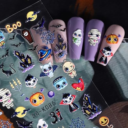 Miniatura 4 de 3 hojas de calcomanías de arte de uñas de Halloween 5D estereoscópicas en relieve, calcomanías de dibujos animados fantasma, calabaza, ojo,