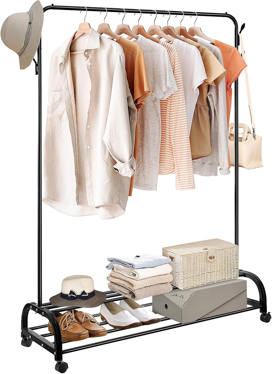 Y.H BLISSHAVEN Freestanding Clothes Rail 110x42x147cm – Garment Hanging Rack with Wheels & 2-Tier Bottom Shelf, Bedroom Clothing Storage Tidy Rail (Black)