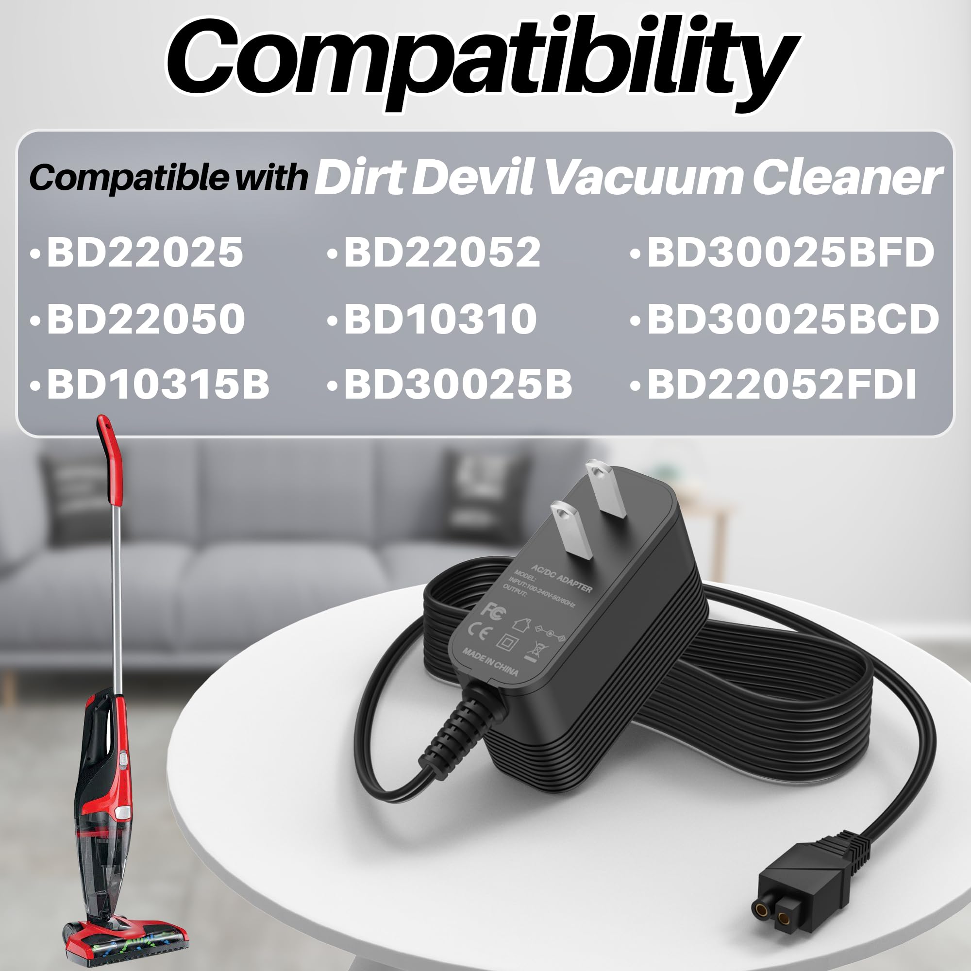 DC Charger for Dirt Devil Versa Stick Vacuum Compatible with Dirt Devil Versa Cordless Vacuum BD22025 BD22050 BD30025 BD22052 BD30025BFD BD10315B 440008693 440013094 Stick Vacuum Cleaner Power Cord