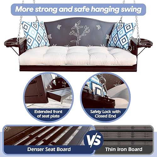 Miniatura 2 de Columpio de metal para porche de 3 asientos, 900 libras, banco colgante resistente con bandeja y cojines mejorados, silla columpio con acabado